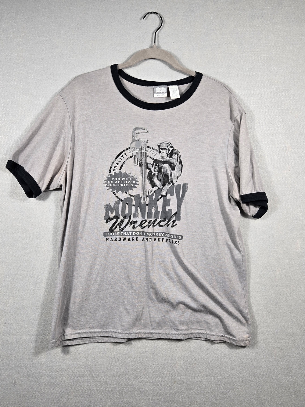 Utility Monkey Wrench Hardware Graphic Ringer T-Shirt Gray Black Large - Picture 1 of 7